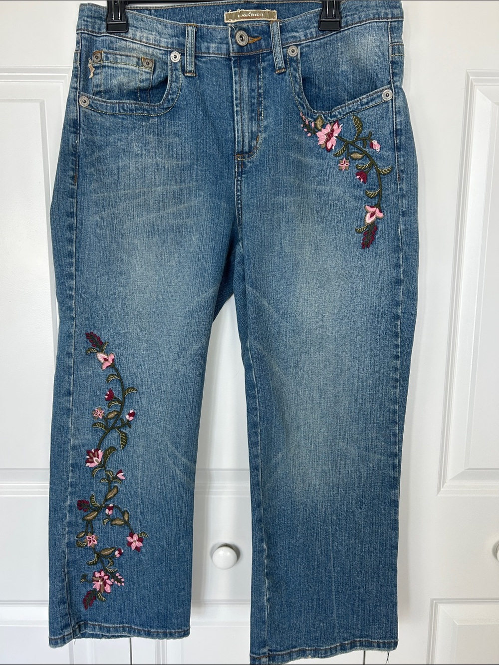 Z. Cavaricci Blue Cropped Jeans with Pink Floral Embroidery Size 14
